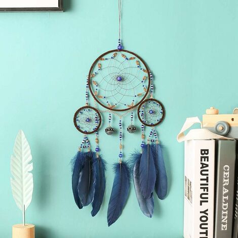 Attrapeur de Rêves avec Anneaux en Plumes Attrape-rêves, Handemade Capteur de Rêves pour Décoration Chambre Maison (bleu)