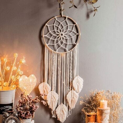 Attrapeur de Rêves Bohème Fait à la Main - Grand Macramé Attrape-rêves avec Pompons pour Chambre à Coucher, Décoration Murale Carillons éoliens Capteur de Rêves Tapisseries Tissées en Coton