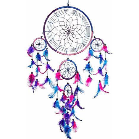 ATTRAPEUR DE RÊVES， Grand Attrape rêve Bleu Roi, Rose, Violet Dreamcatcher à Perles & à Plumes Fait Main - Capteur de Rêves Multicolore, Artisanal