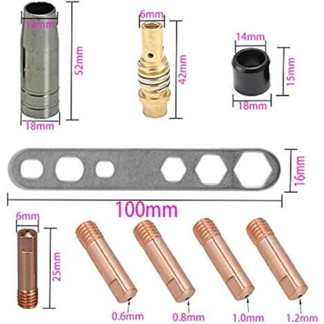 Attrezzatura per saldatura MIG, porta-punta di contatto per ugello, kit di accessori per torcia di saldatura da 19 pezzi (5 ugelli, 15 tubi di contatto M6, 2 connettori, 2 isolatori, 1 utensile), adat
