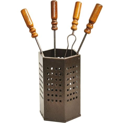 Attrezzi da camino set 4 utensili manici in legno con contenitore Cubo