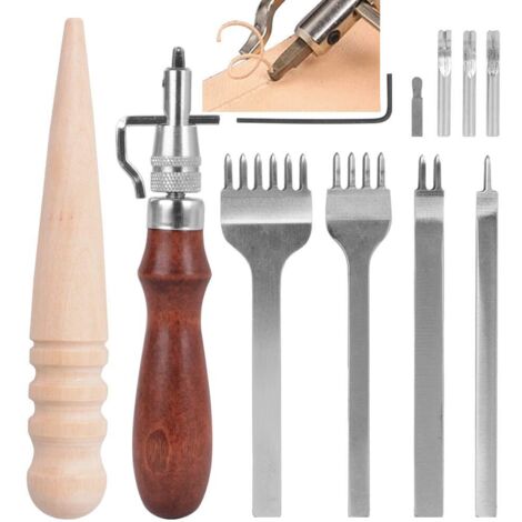 Attrezzi per artigianato perforatori da 4 pezzi, forchette per cucire la pelle + scanalatore 5 in 1 + spazzola per pelle in legno