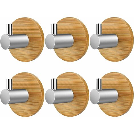 ETING Atuful Klebehaken Holz Edelstahl Handtuchhalter Bambus Handtuchhaken Haken Selbstklebend Handtuchhaken für Badezimmer Küche Wohnzimmer Büro(6 Stück)