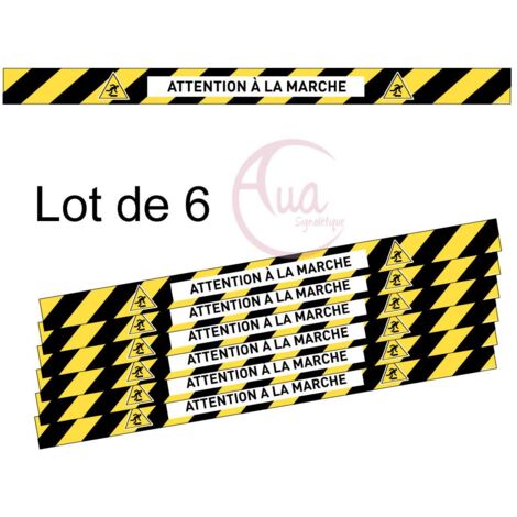AUA SIGNALETIQUE - Lot de 6 Bandes de Marquage au Sol - Attention à la Marche - Autocollant laminé - 670x50 mm
