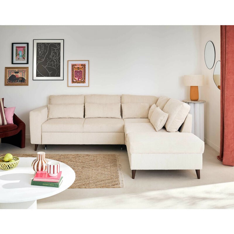 Bestmobilier - Aubepine - canapé d'angle réversible 5 places - convertible avec coffre - en velours côtelé - beige