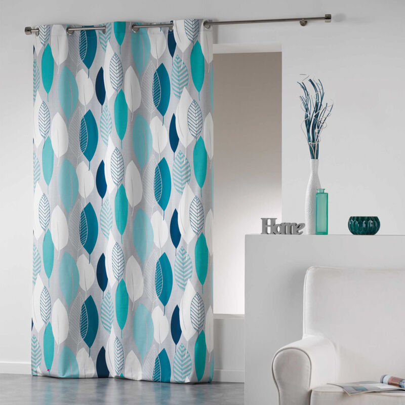 Rideau a oeillets 140 x 240 cm coton imprime leafy Bleu