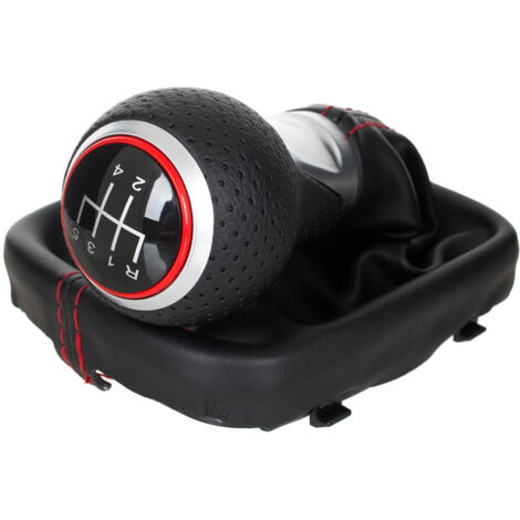Audi A3 8P 03-12 SCHWARZES ECO-LEDER + SILBERNER 5-GANG-Schaltknauf + SCHWARZE MANSCHETTE MIT ROTEM NADEL