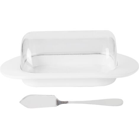 Aufbewahrungsbox für Butter und Käse aus Kunststoff mit abgerundeten Kanten, transparentem Deckel und weißem Messer
