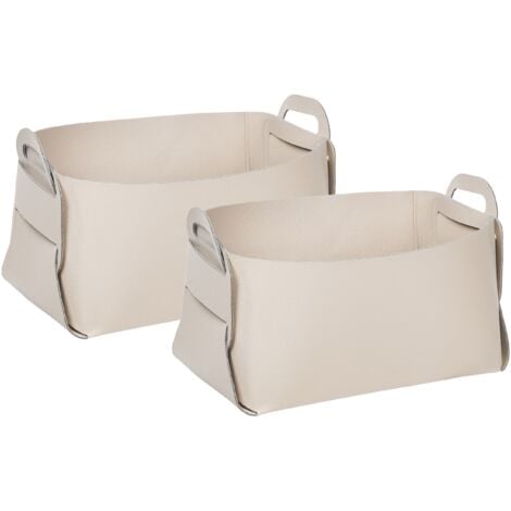 Aufbewahrungskorb 2er Set Beige aus Kunstleder mit Griffen Handgefertigt Retro Stil Dekokorb Wohnaccessoires Dekoration