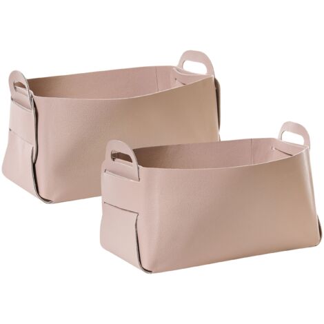 Aufbewahrungskorb 2er Set Pastellrosa aus Kunstleder mit Griffen Handgefertigt Retro Stil Dekokorb Wohnaccessoires Dekoration