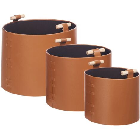 Aufbewahrungskorb 3er Set Braun aus Kunstleder mit Griffen Handgefertigt Minimalistischer Stil Dekokorb Wohnaccessoires Dekoration