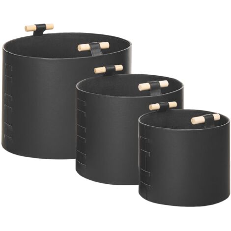 Aufbewahrungskorb 3er Set Schwarz aus Kunstleder mit Griffen Handgefertigt Minimalistischer Stil Dekokorb Wohnaccessoires Dekoration