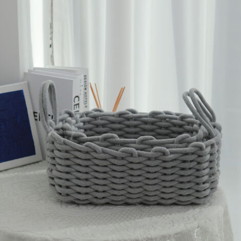 Aufbewahrungskorb aus Baumwollseil  Multifunktionaler Organizer, Handstrick, nordischer Stil, Grau, 30 x 22 x 14 cm