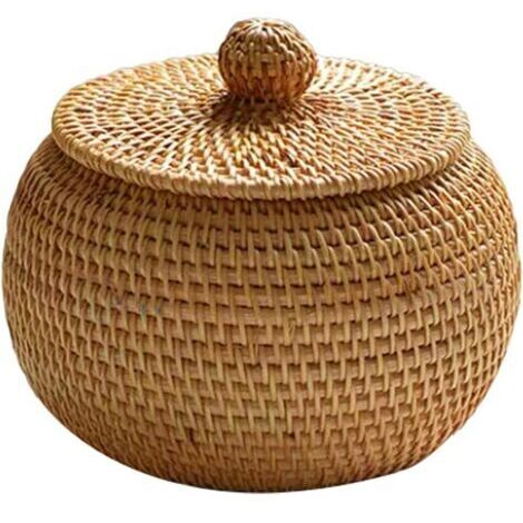 Aufbewahrungskorb aus Naturrattan mit rundem Deckel – Maße 15 x 12 cm – Für Schlafzimmer, Wohnzimmer, Büro, Küche