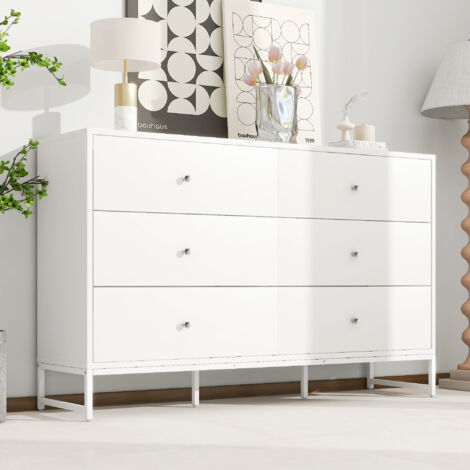 Aufbewahrungsschrank mit 6 Schubladen und Griffen, Metallrahmen, Flurmöbel, geeignet für Wohnzimmer, Badezimmer, Schlafzimmer, 6 Fächer, 150 B x 40 T x 90 H, weiß