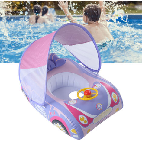 Aufblasbares Babyauto mit Sonnenschutz und Hupe, für Kleinkinder von 1-4 Jahren, 0,35 mm PVC, Rosa