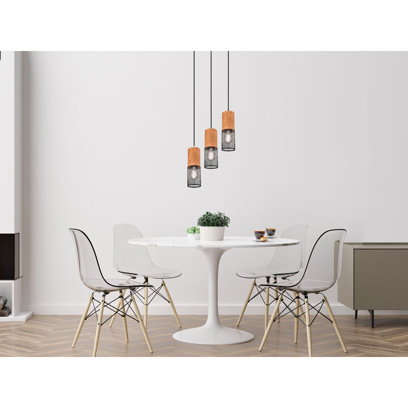 Trio - Pendellampe Tosh Draht Lampenschirme In Schwarz & Holzfassungen, Ø 28cm