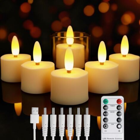 Aufladbare LED Teelichter mit Timerfunktion, 6 Stück Flammenlose LED-Kerzen Realistische LED Candles mit Fernbedienung, Flackernde Flamme für Hochzeit Halloween Weihnachten Wohndekoration