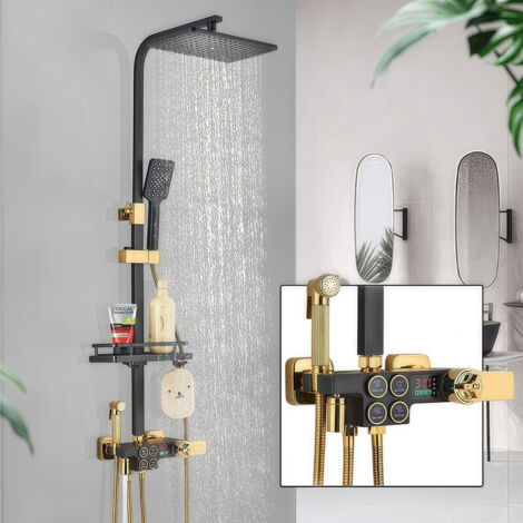 Aufputz-Thermostat-Duschsystem in Schwarz und Gold, Badewannen-Duscharmatur mit Temperaturanzeige, Duschkopf mit Handbrause, Bidet-Sprühkopf