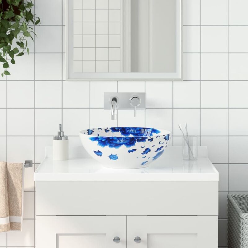 Aufsatzwaschbecken Weiß Und Blau Rund Ø41x14 Cm Keramik Vidaxl