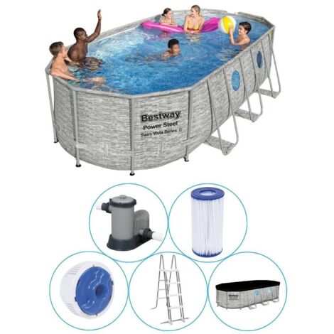 Aufstellpool Bestway Power Steel Stein-Design 549x274x122 cm Kartuschenfilter 5.678 l/h Abdeckung und Leiter