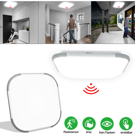 AUFUN 24W Kaltweiß LED Deckenleuchte mit Bewegungsmelder, Radar Sensor Deckenlampe, IP44, Leuchte für Flur, Treppe, Veranda, Garage, Balkon, Quadrat