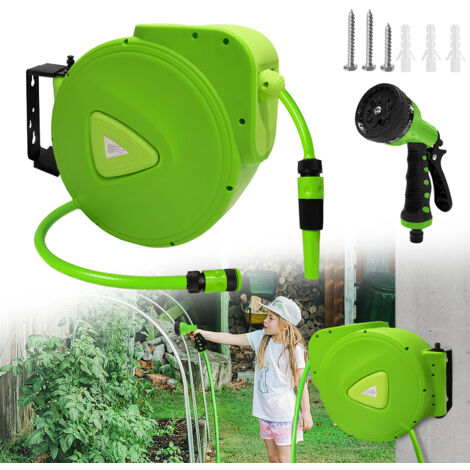 AUFUN 30m tuyau de jardin enrouleur automatique 3/4" connexion 180° swivel, pour lavage de voiture, l'irrigation.