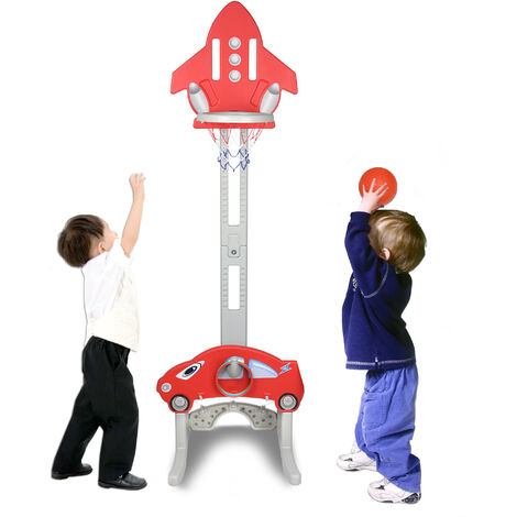 AUFUN 4 in 1 Kinder Basketballkorb Basketballständer mit Fußballspiel, Golfspiel, Toss, Höhenverstellbarer Basketballkorb Set, für Kinder ab 2 Jahre, Rote Rakete