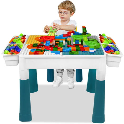 AUFUN 6 in 1 Set Tavolo e Sedie per Bambini Regolabili con Blocchi da 163 Pezzi, Tavolo da Gioco Grandi Costruzioni Multifunzionali Set, con 2 Sedie