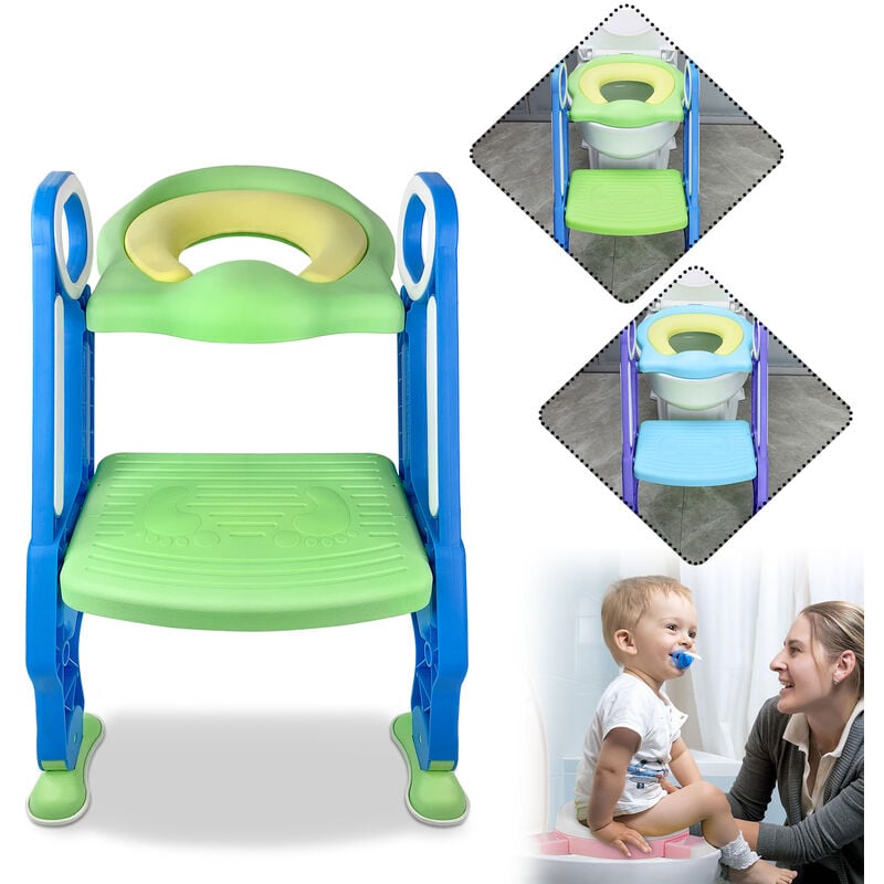 Aufun - Abattant de toilette pliable pour enfant avec tringles et poignées, 2 hauteur réglable avec niveau antidérapant (bleu et vert)