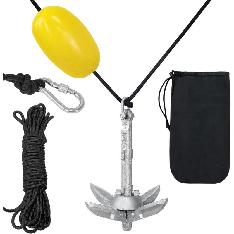 Aufun - Ancre pliable pour canoë-kayak, Ancre pliable avec 10 mètres de corde d'ancre, Ensemble d'ancre en acier galvanisé, Ancre à quatre crochets,