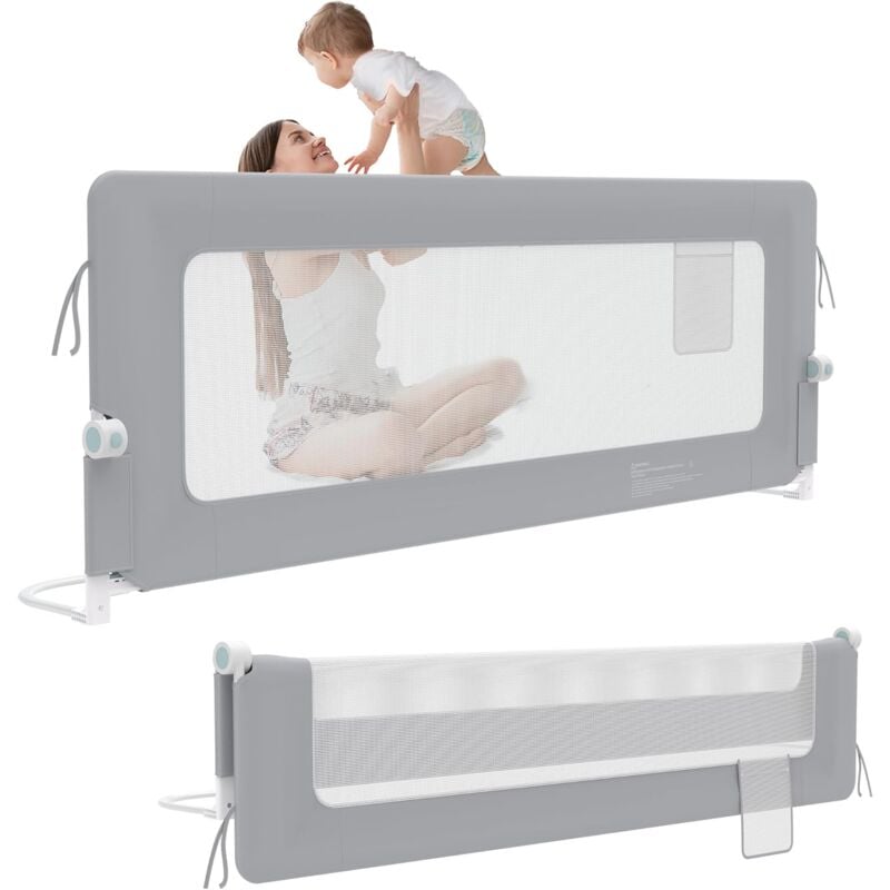 Aufun - Barrière de lit 180 cm, protection anti-chute pour enfants, hauteur réglable de 72 à 96 cm, barrière de lit pliable, protection latérale, gris