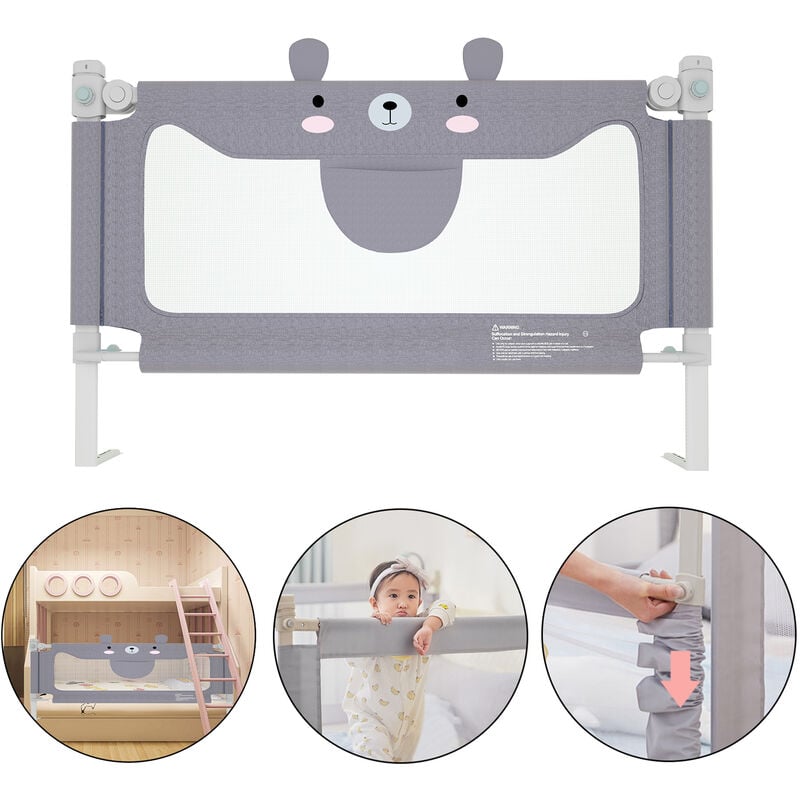 AUFUN Barrière de lit antichute, Barrière de lit pour enfants avec filet aéré, double protection, blocage de sécurité à l'arrêt, 150x70cm ,Gris