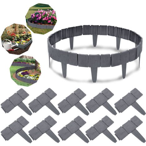 AUFUN Bordure de jardin en plastique de 10m en polypropylène, aspect pierre, bordure de lit de tonte,1 élément LxHxP : 25x23x1cm, Anthracite