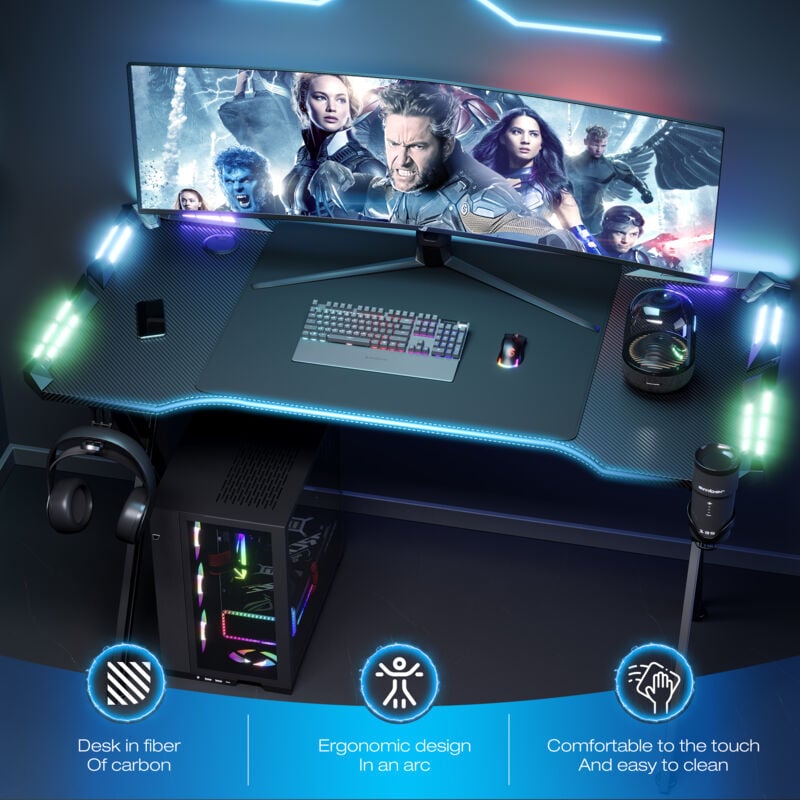 Aufun - Bureau de gaming 140x60 cm, bureau debout en forme d'aile, grand bureau pour pc, table de jeu pour maison/bureau, bureau d'angle X-Frame