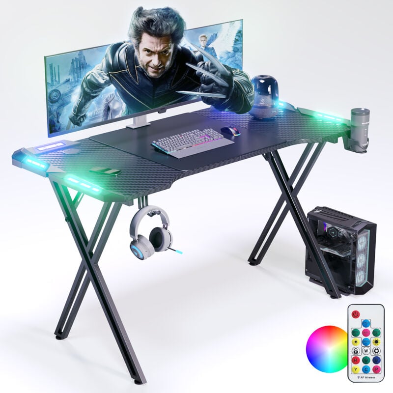 Aufun - Bureau de gaming 120x60 cm, bureau debout en forme d'aile, grand bureau pour pc, table de jeu pour maison/bureau, bureau d'angle X-Frame