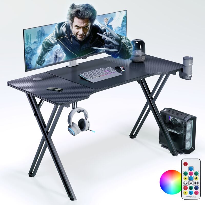 Aufun - Bureau de gaming 120x60 cm, bureau debout en forme d'aile, grand bureau pour pc, table de jeu pour maison/bureau, bureau d'angle X-Frame