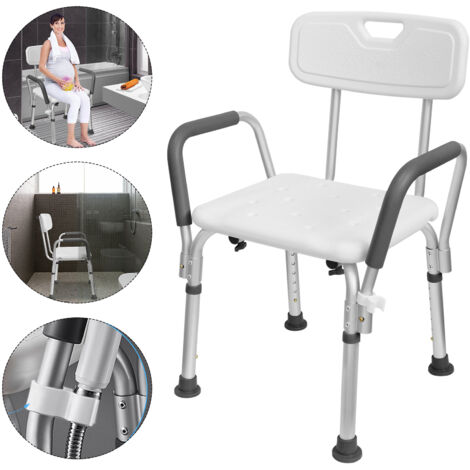 AUFUN Chaise de douche Hauteur réglable Tabouret de douche avec accoudoir et dossier Siège de bain antidérapant Aide à la douche Siège de douche en alu et plastique pour personnes agées