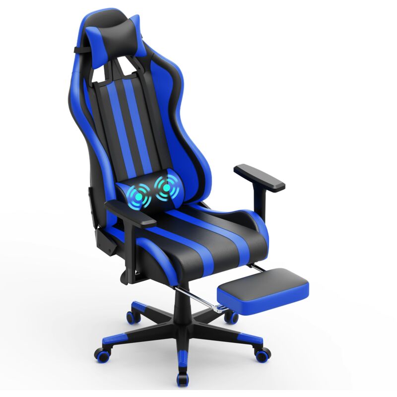 Chaise de jeu, chaise de bureau ergonomique avec coussin lombaire de massage par vibration, repose-pieds, appui-tête, chaise de jeu de massage