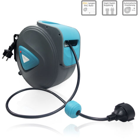AUFUN Enrouleur de câble automatique avec thermostat de protection contre les surcharges, support mural pivotant de 180°(bleu + gris,20m)