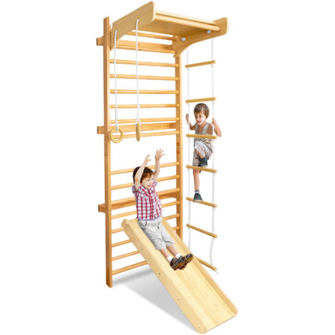 AUFUN Espaldera para gimnasia, estructura de escalada de madera, anillos de gimnasia para interiores para niños/adultos, pared de escalada y dispositivos de juego