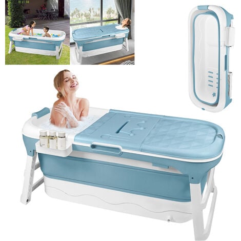 AUFUN Faltbare Badewanne,für Badezimmer, Dusche und Balkon, Mit Abdeckung & Massagerollen, dicker Kunststoff tragbare Blau 112 x 62 x 52 cm