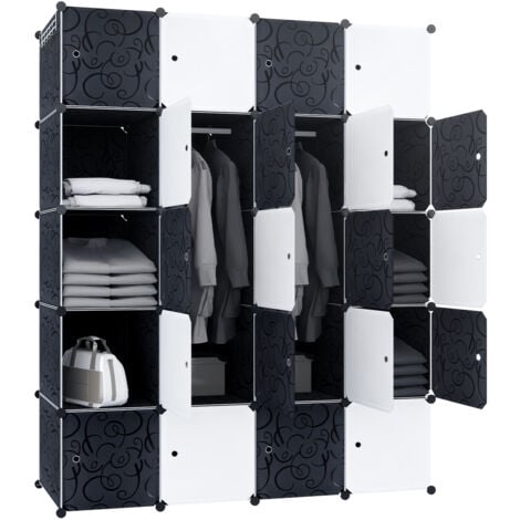 AUFUN Guardaroba Armadio a 20 Cubi con Porte,Armadio Combinato Modulare, Armadio Pieghevole in Plastica, Scaffale Portatile, Nero e Bianco