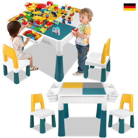 AUFUN Höhenverstellbarer Kindertisch mit Stühle Set 6 in 1 Bausteine Spieltisch, mit 163 Stücke Blocks, Stauraum, 2 Stühle, Geschenk für Jungen und Mädchen