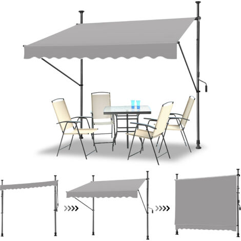 AUFUN Klemmmarkise Einziehbar Manuell 250cm Hellgrau Balkonmarkise ohne Bohren Markise Sonnenschutz aus Polyester UV-Beständig,250 x 120 cm