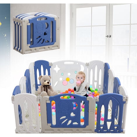 AUFUN Faltbar, Laufgitter mit Tür und Spielzeugboard, 12 Panel Blu+Weiß Baby Absperrgitter, Krabbelgitter Kunststoff(12 Stück)