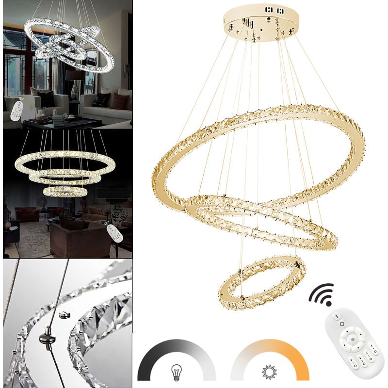 Aufun - led Crystal Lampe à plafond 96W 3 bagues Dimmable
