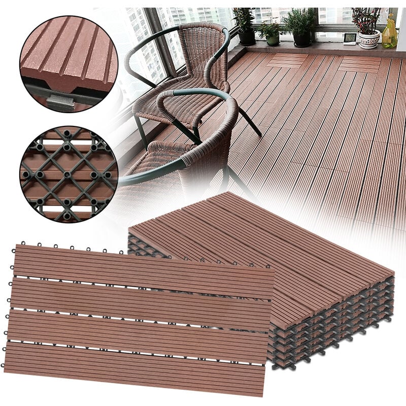 AUFUN Lot de 6 dalles de terrasse en plastique WPC - À clipser - Aspect bois - Avec système de clic - 30 x 60 cm - Pour jardin