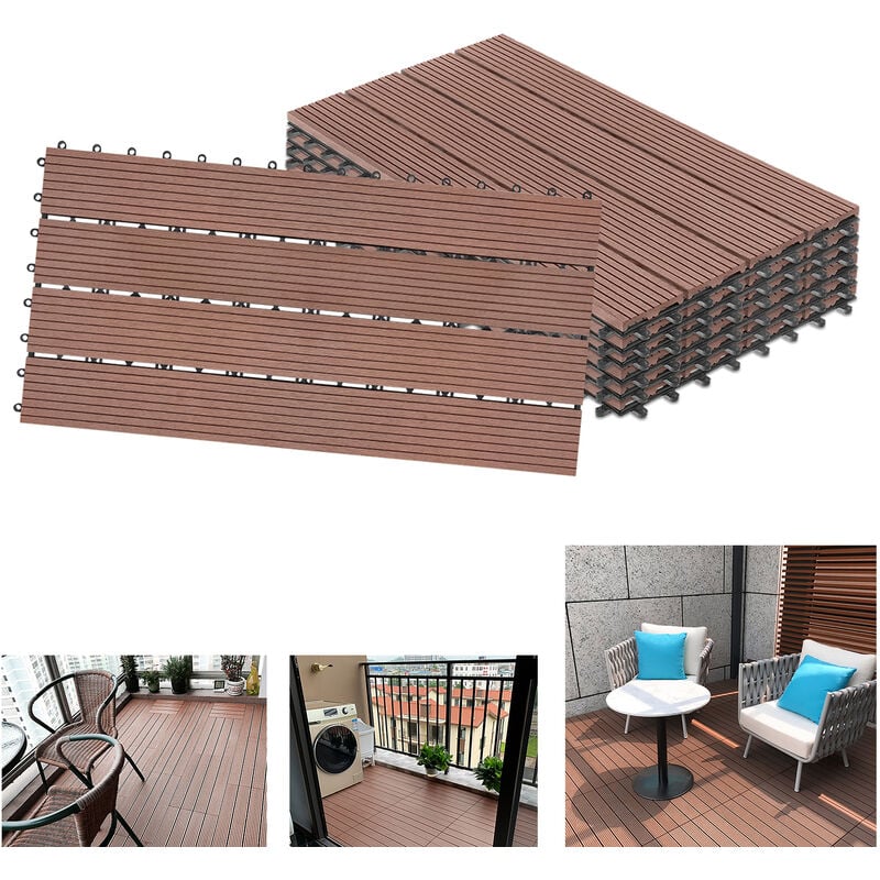 AUFUN Lot de 12 dalles de terrasse en plastique WPC - À clipser - Aspect bois - Avec système de clic - 30 x 60 cm - Pour jardin