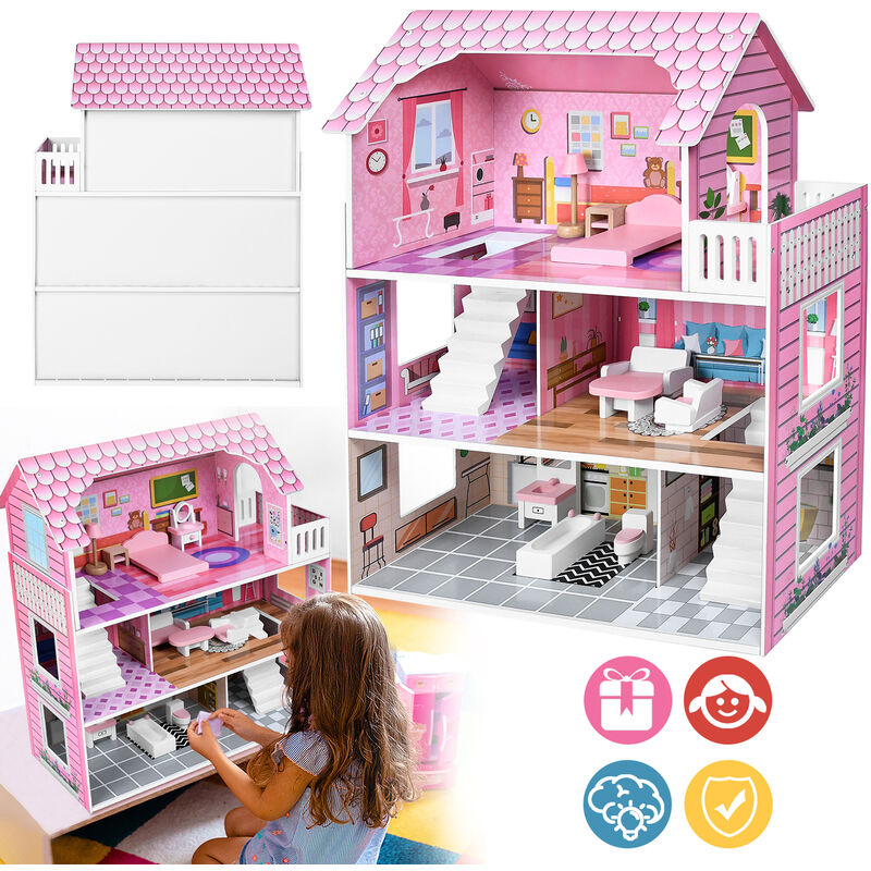 Aufun - Maison de poupée en bois mdf et maison de poupée avec 3 étages avec meubles, accessoires pour long jeu créatif, grande taille